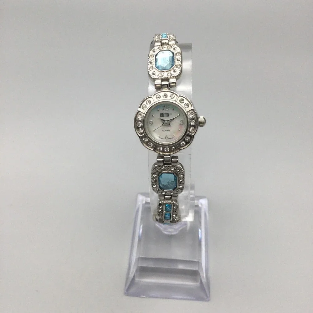 Gruen Womens Watch 21mm Mother Of Pearl Dial Blue Crystal New Battery 8